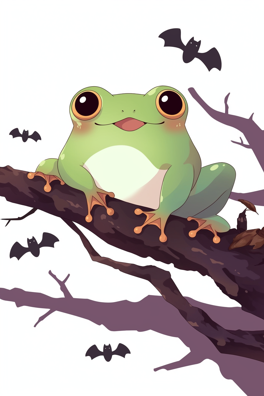 Halloween frog drawing ideas 2 featuring a cute green frog sitting on a branch with bats flying in the background.